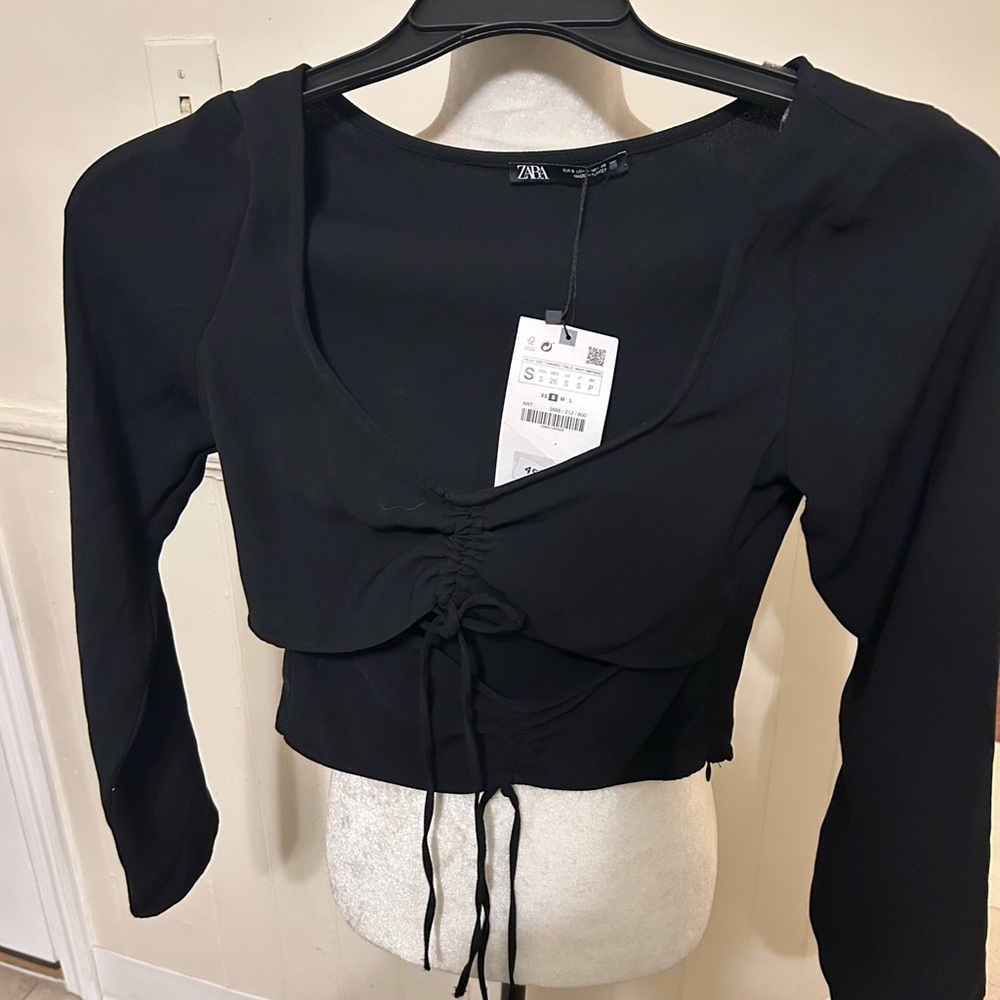 NWT Zara Black Ruched Tie Front Crop Blouse Size Small